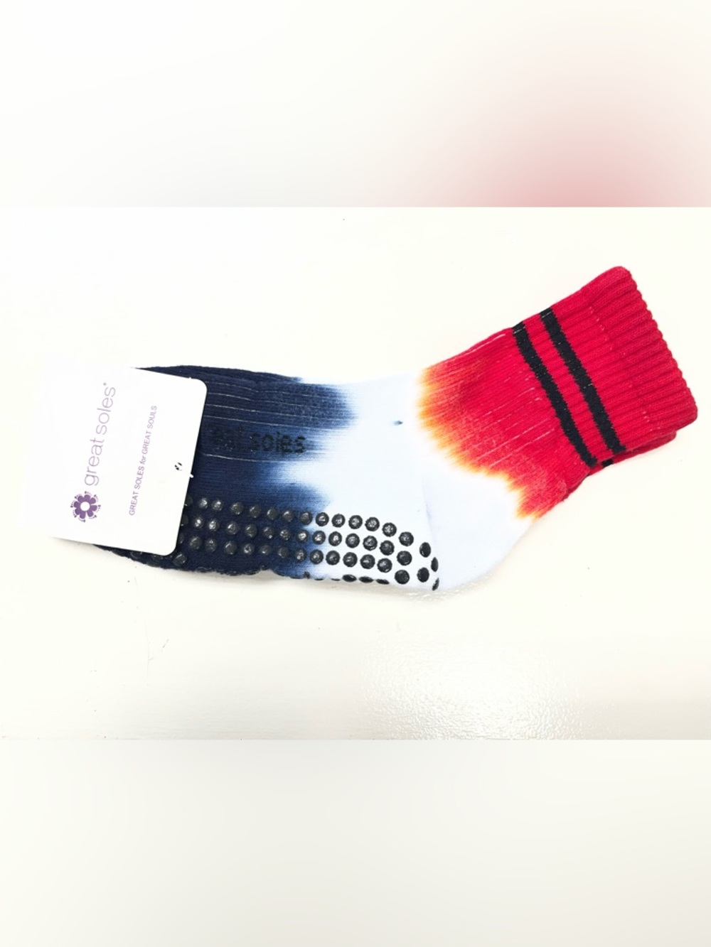 Great Soles Grip Sock, womens crew Tie-Dye - Red, Navy & White, US 6-10